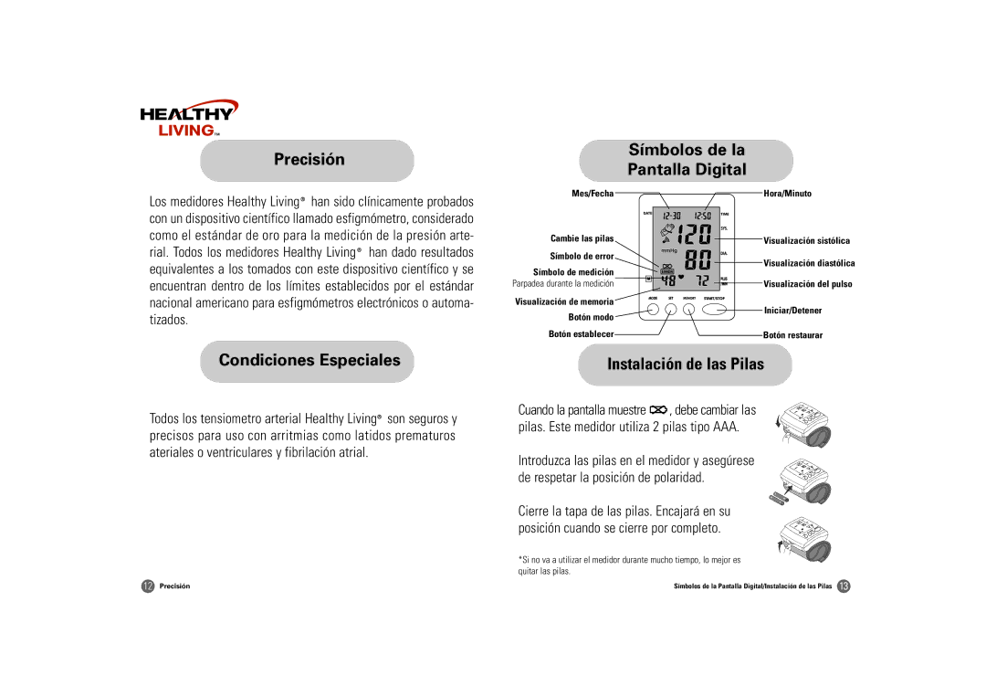 Samsung BW-325S owner manual Precisión Símbolos de la Pantalla Digital, Condiciones Especiales Instalación de las Pilas 