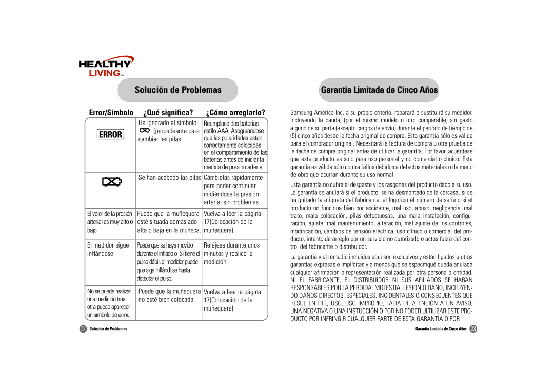 Samsung BW-325S owner manual Garantía Limitada de Cinco Años, Cambiar las pilas 