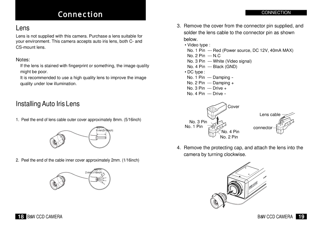 Samsung BW-4302 instruction manual Connection, Installing Auto Iris Lens 