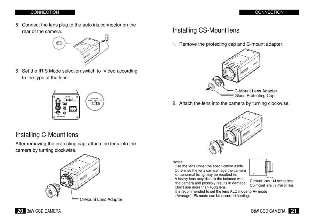 Samsung BW-4302 instruction manual Installing CS-Mount lens, Installing C-Mount lens 