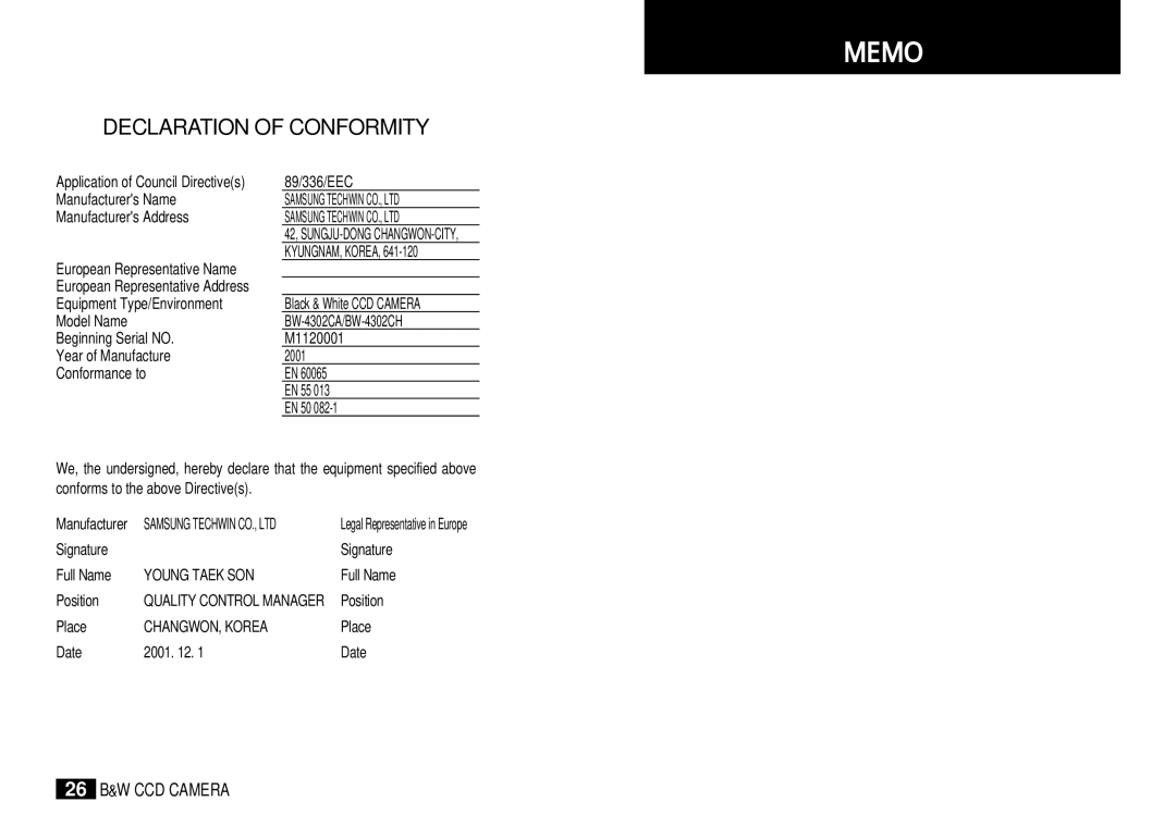 Samsung BW-4302 instruction manual Memo 