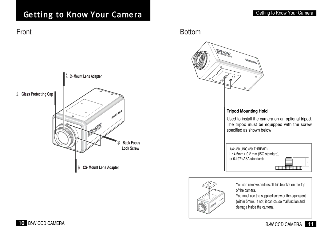 Samsung BW-4302 instruction manual Getting to Know Your Camera, Front Bottom 