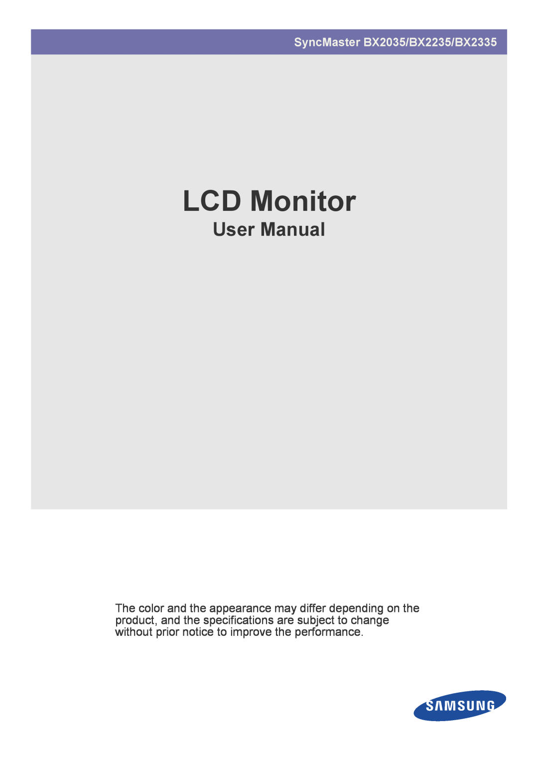 Samsung user manual LCD Monitor, User Manual, SyncMaster BX2035/BX2235/BX2335 
