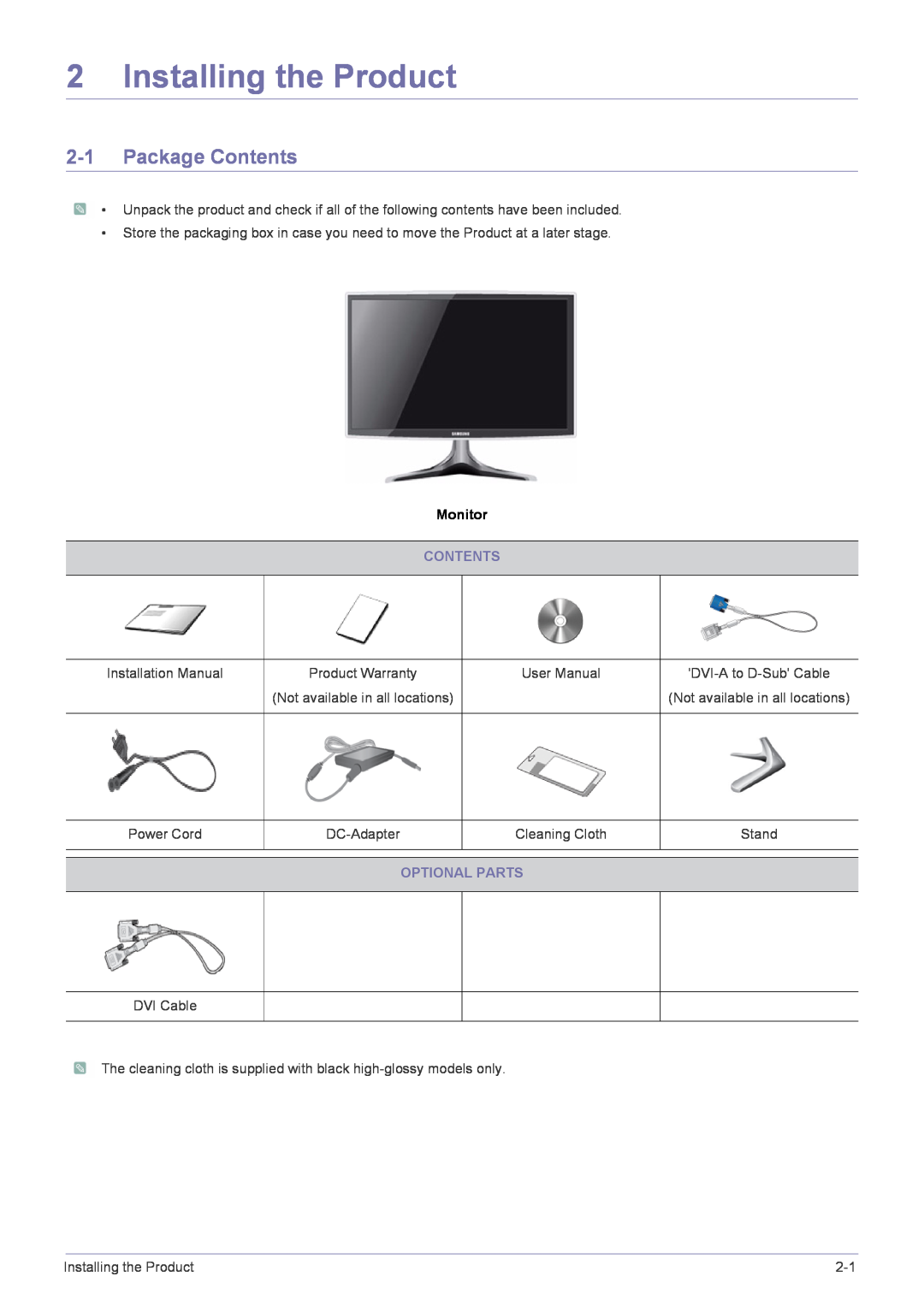 Samsung BX2035 user manual Installing the Product, Package Contents, Optional Parts, Monitor 