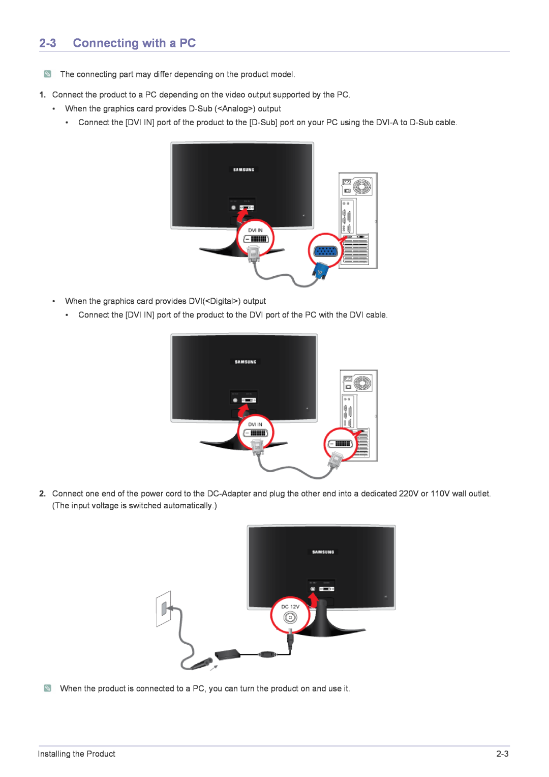 Samsung BX2035 user manual Connecting with a PC 