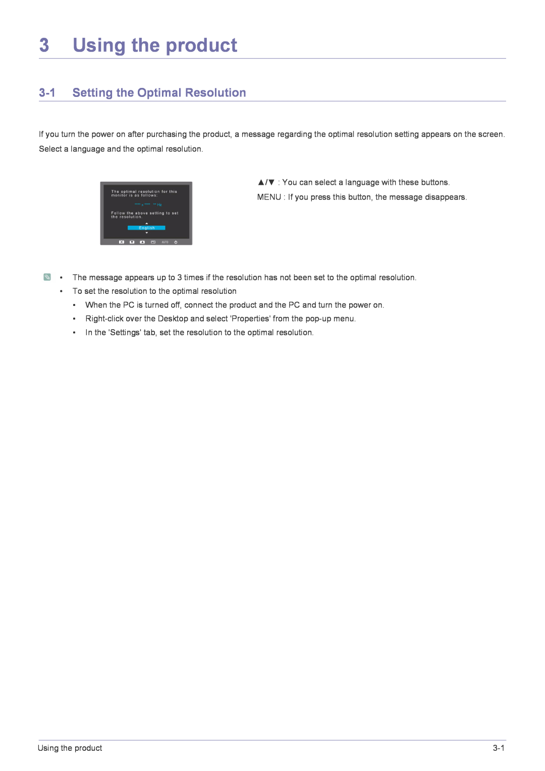 Samsung BX2035 user manual Using the product, Setting the Optimal Resolution 