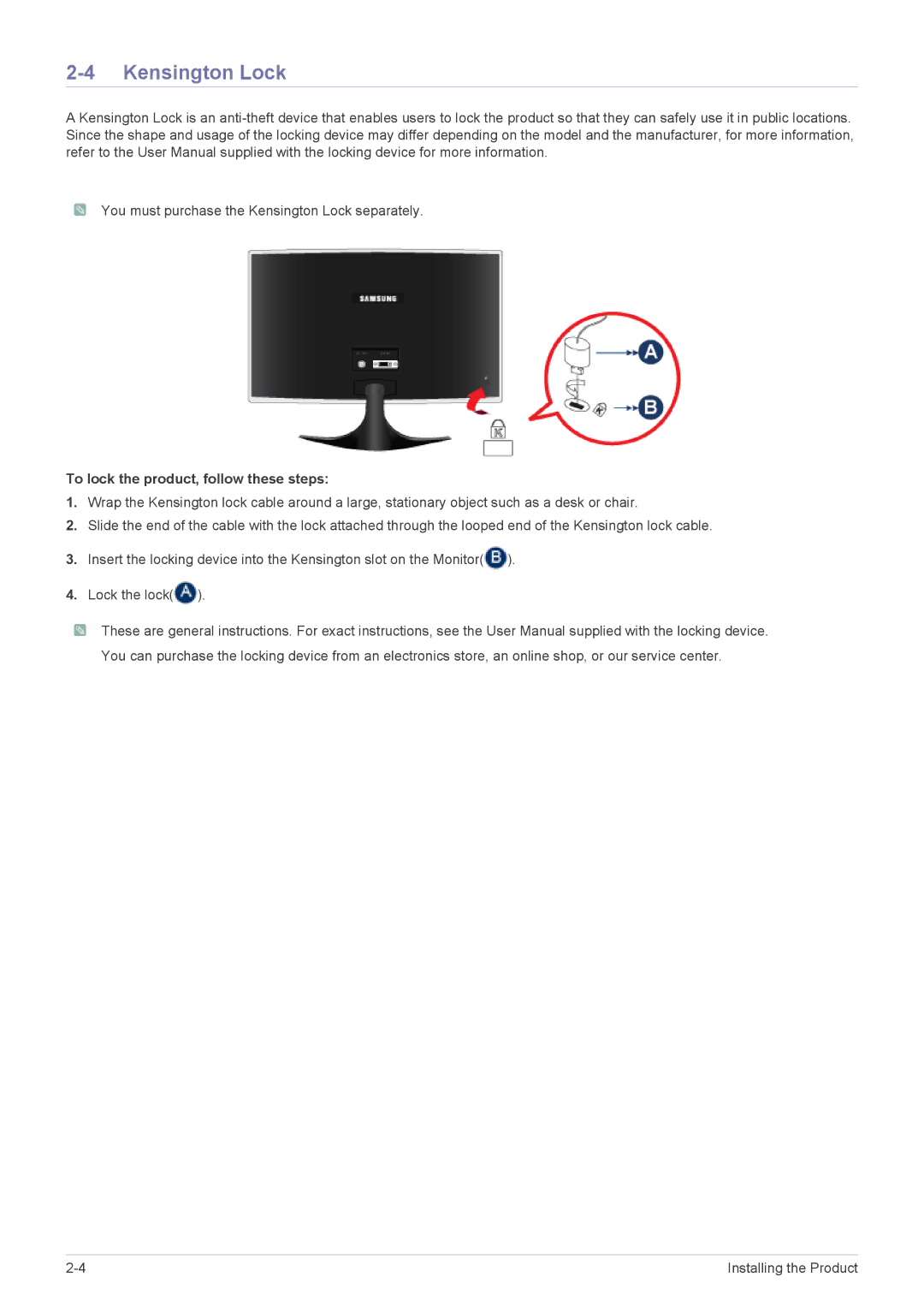 Samsung BX2035, BX2335, BX2235 user manual Kensington Lock, To lock the product, follow these steps 