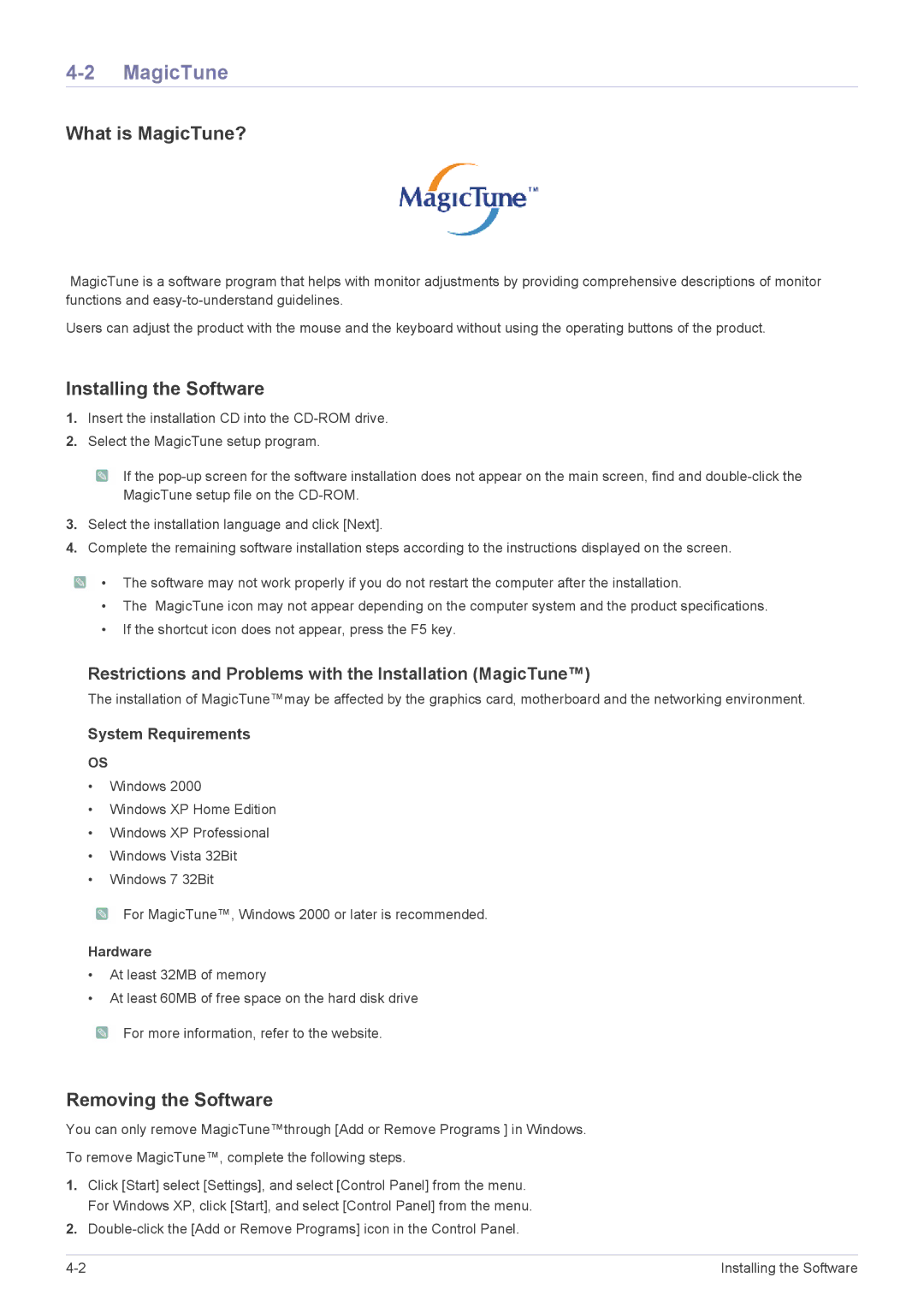 Samsung BX2335, BX2235, BX2035 user manual What is MagicTune?, Installing the Software, Removing the Software, Hardware 