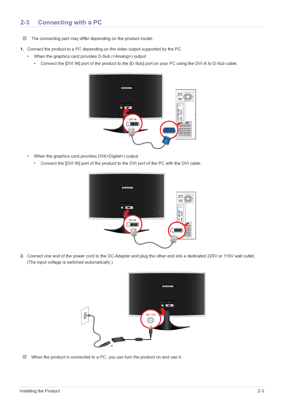 Samsung BX2235, BX2335, BX2035 user manual Connecting with a PC 