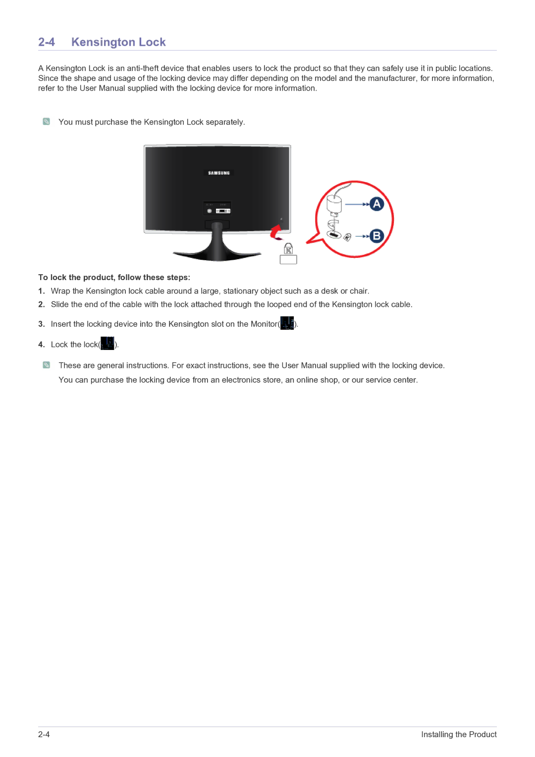 Samsung BX2035, BX2335, BX2235 user manual Kensington Lock, To lock the product, follow these steps 