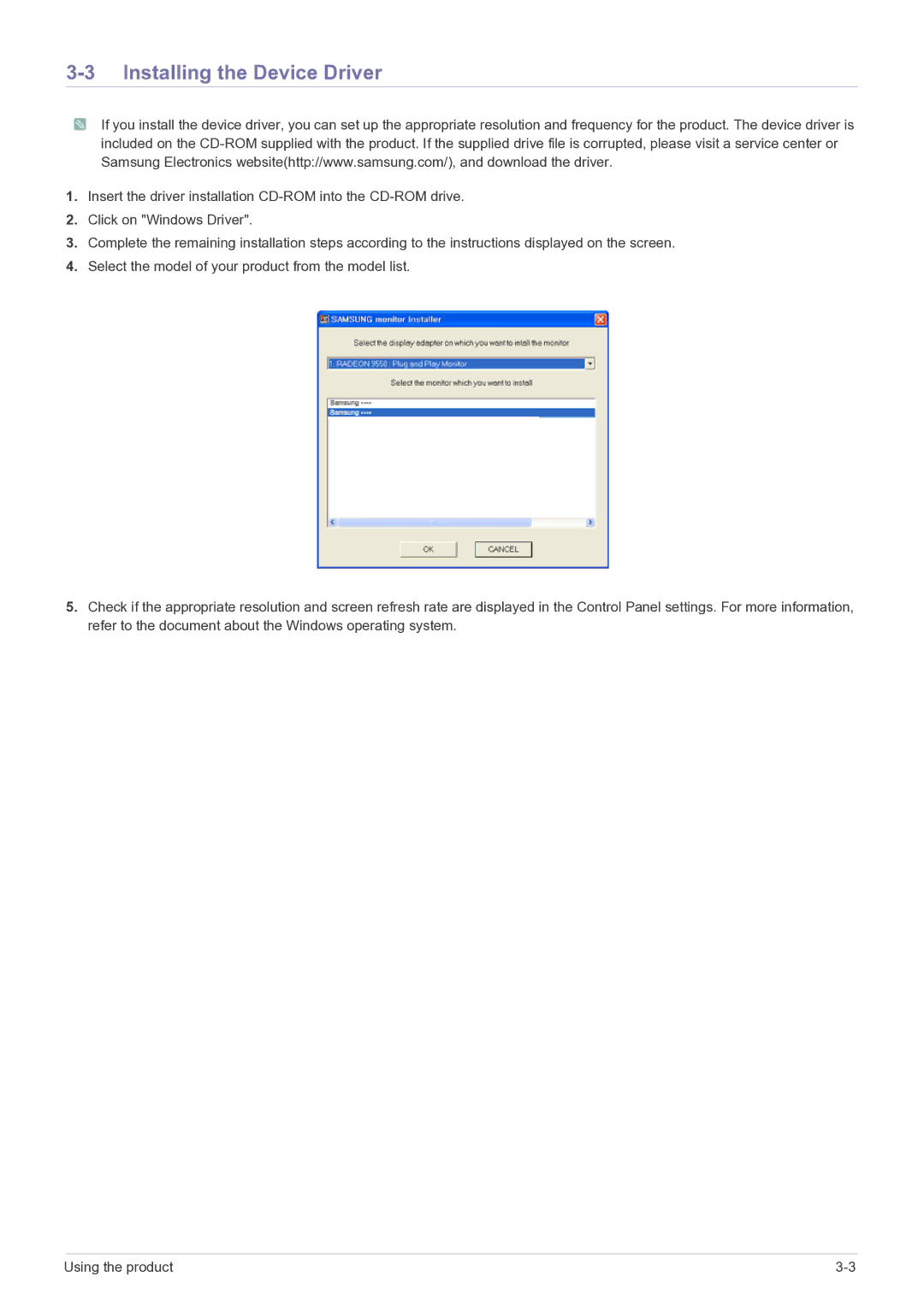 Samsung BX2235, BX2335, BX2035 user manual Installing the Device Driver 