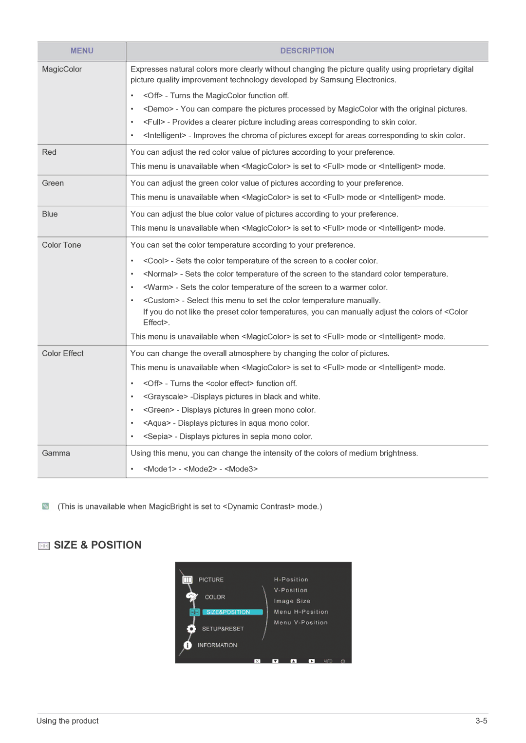 Samsung BX2235, BX2335, BX2035 user manual Size & Position 