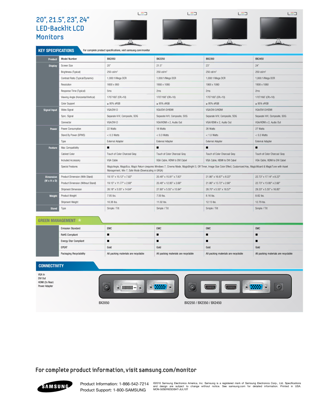 Samsung BX2250, BX2450, BX2350, BX2050 manual Product, Display, Signal Input, Power, Feature, Dimension, H x D, Weight, Stand 