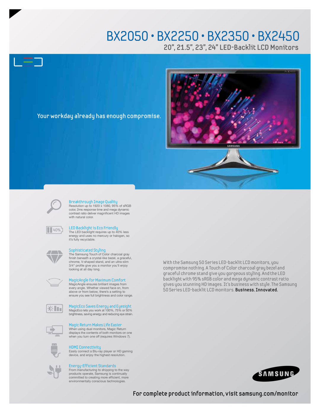 Samsung manual For complete product information, visit samsung.com/monitor, BX2050 BX2250 BX2350 BX2450 
