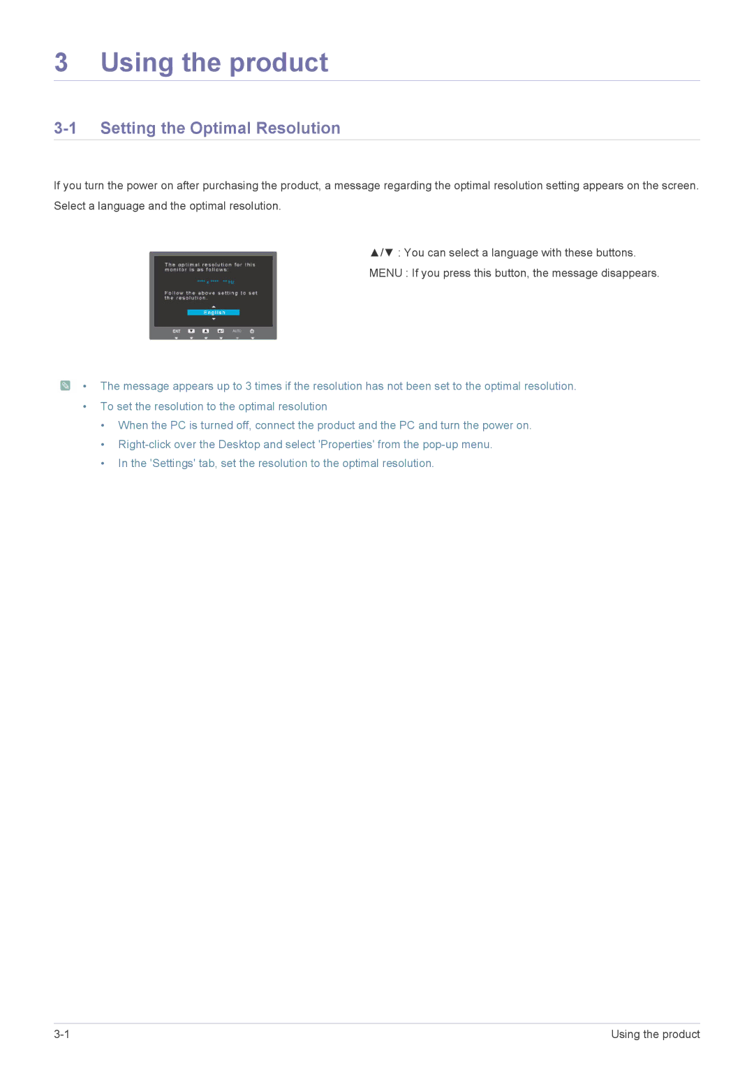 Samsung BX2450L, BX2350, BX2250N, BX2050N, BX1950N, BX2450N user manual Using the product, Setting the Optimal Resolution 