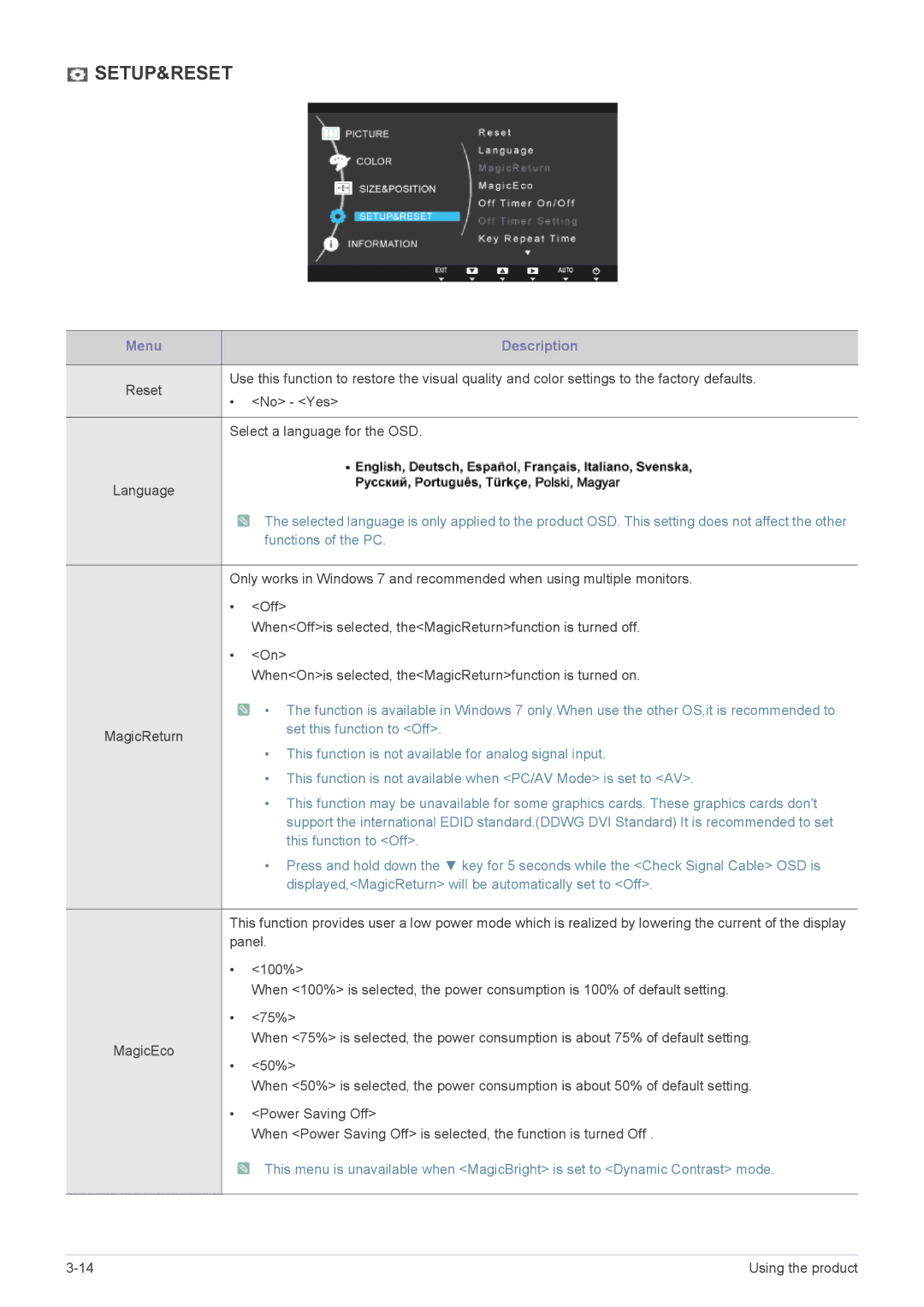 Samsung BX2050N, BX2350, BX2250N, BX1950N, BX2450L, BX2450N user manual Setup&Reset, Set this function to Off 