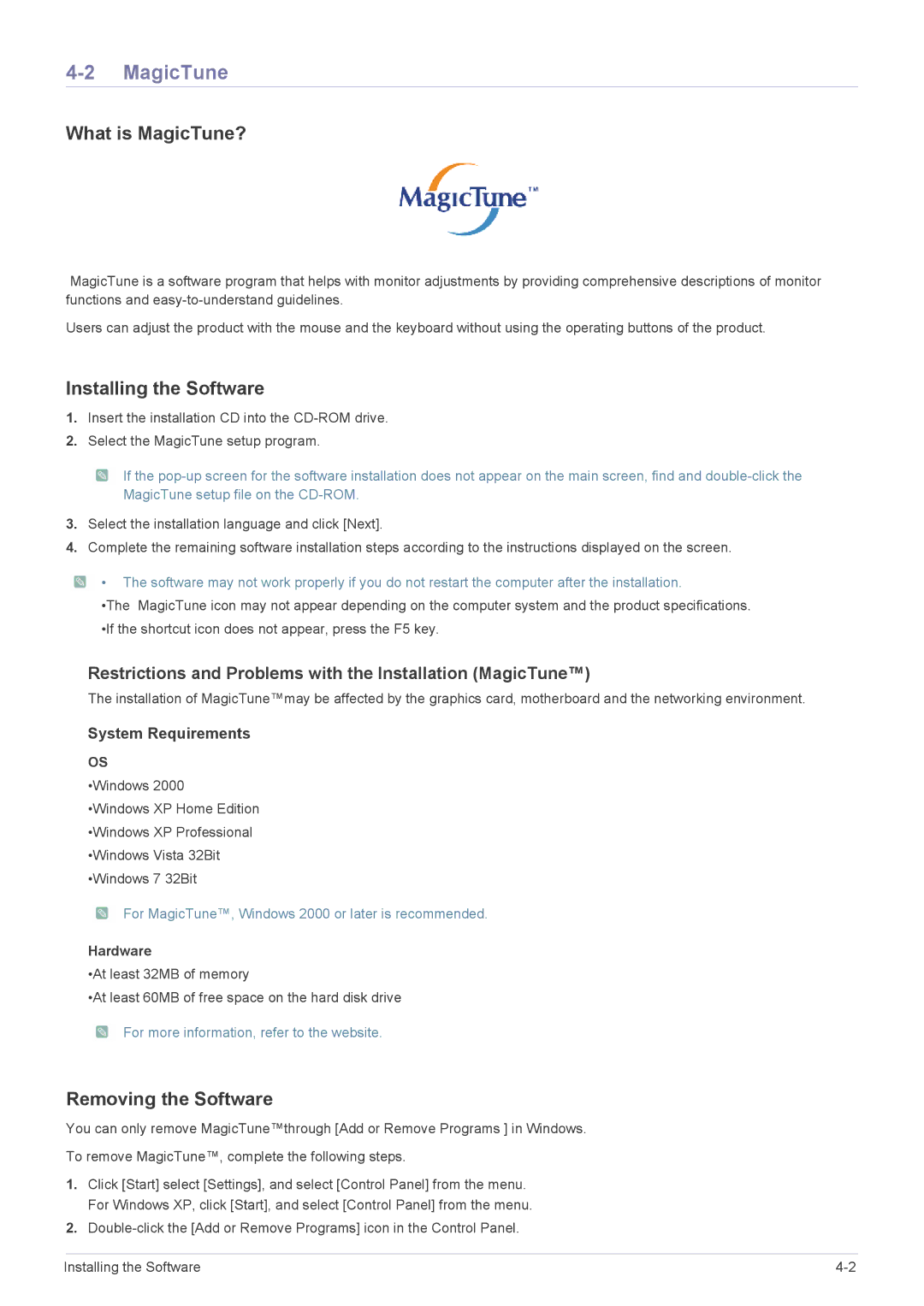 Samsung BX1950, BX2450, BX2350, BX2250N, BX2050N What is MagicTune?, Installing the Software, Removing the Software 