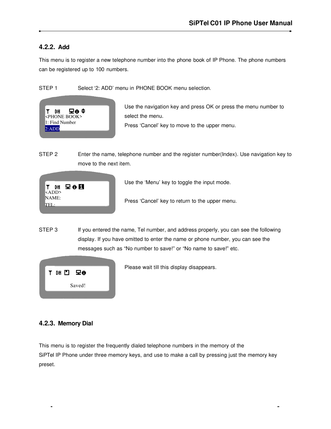 Samsung C01 user manual Add, Memory Dial 