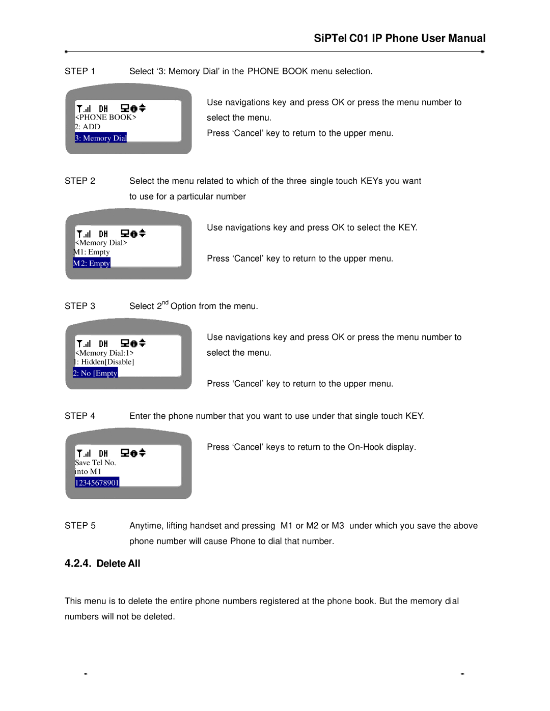 Samsung C01 user manual Select ‘3 Memory Dial’ in the Phone Book menu selection 