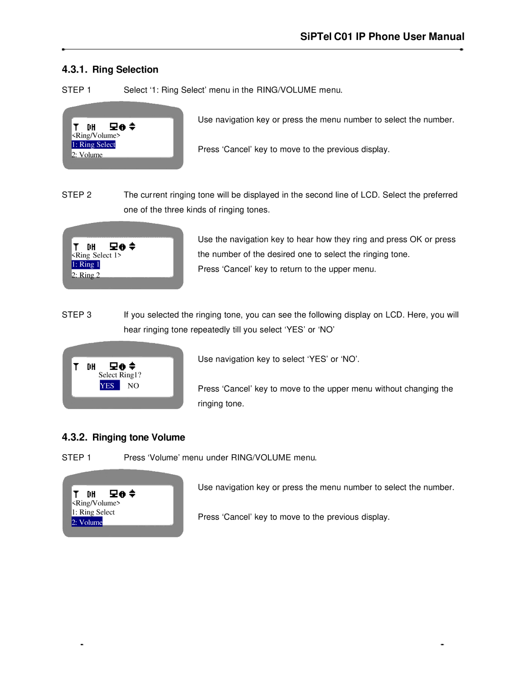 Samsung C01 user manual Ring Selection, Ringing tone Volume 