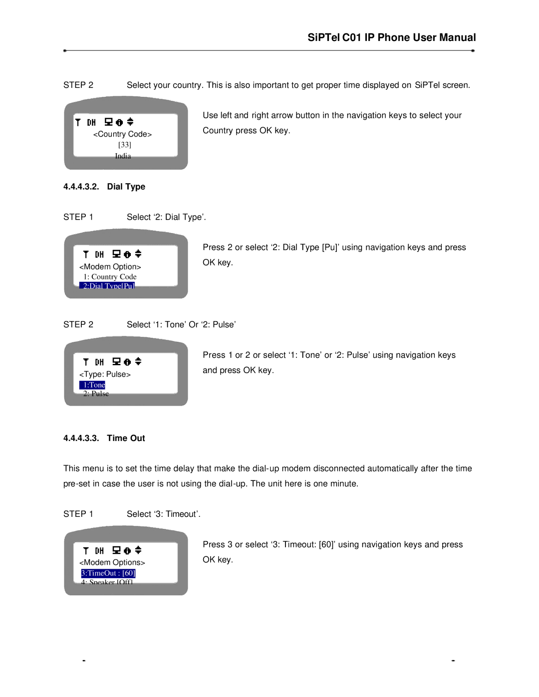 Samsung C01 user manual Dial Type, Time Out 