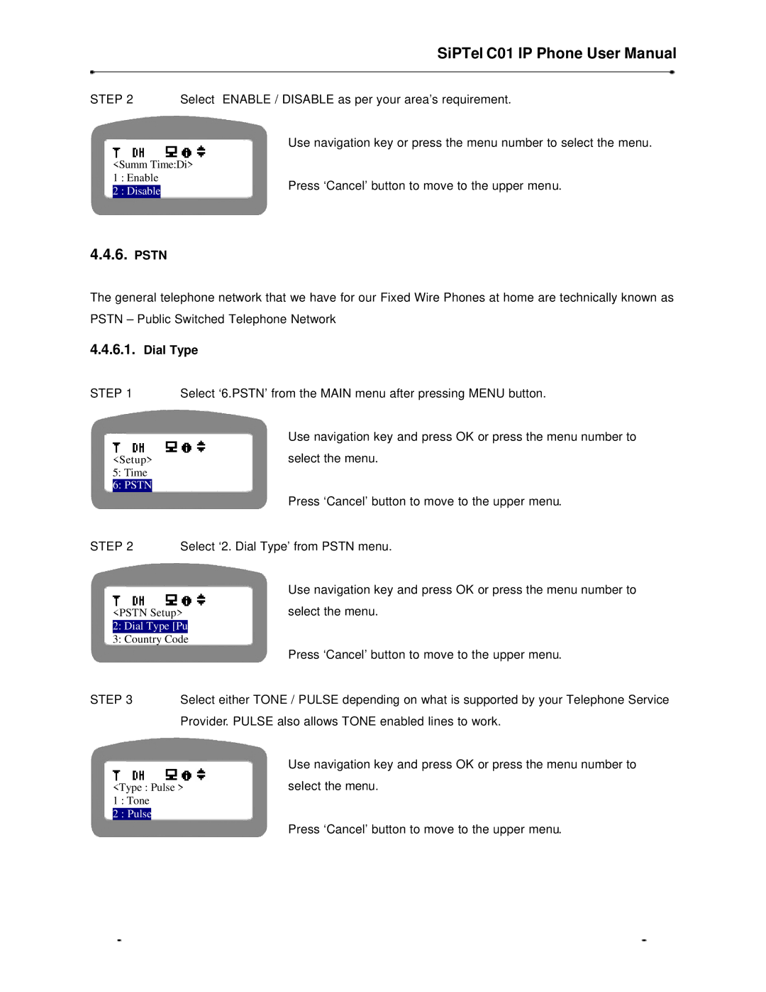 Samsung C01 user manual Pstn, Dial Type 