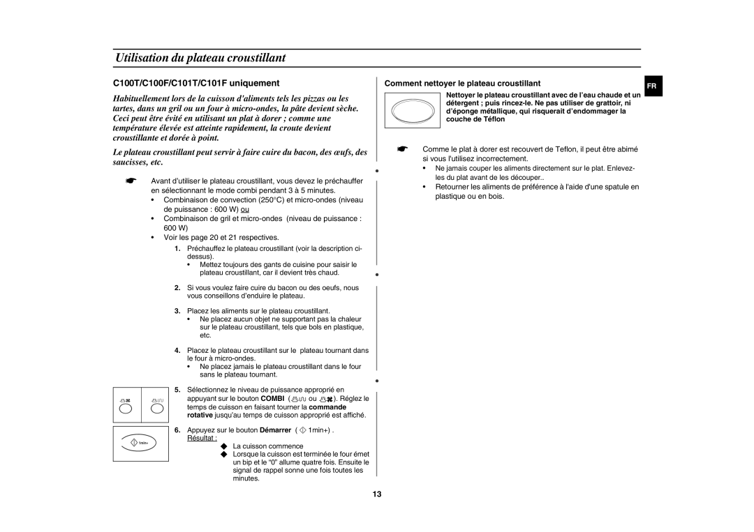 Samsung C100-5/XEF manual Utilisation du plateau croustillant, C100T/C100F/C101T/C101F uniquement 