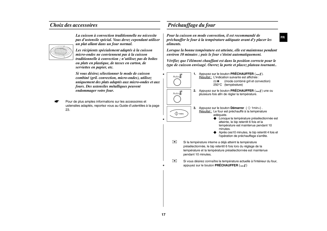 Samsung C100-5/XEF manual Choix des accessoires Préchauffage du four 