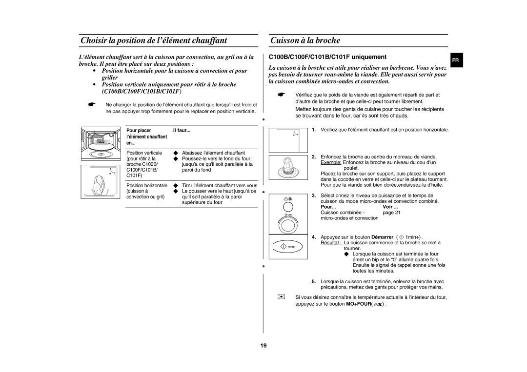 Samsung C100-5/XEF manual Choisir la position de l’élément chauffant, Cuisson à la broche, Il faut, Pour...Voir 