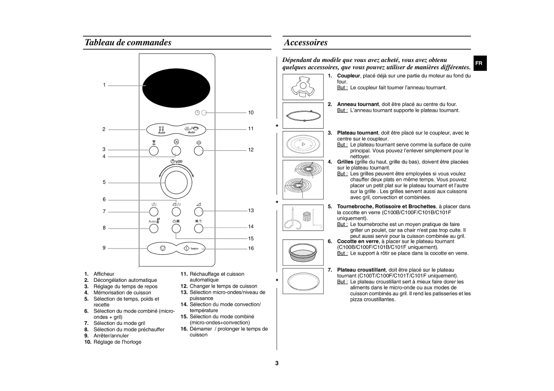 Samsung C100-5/XEF manual Tableau de commandes Accessoires 