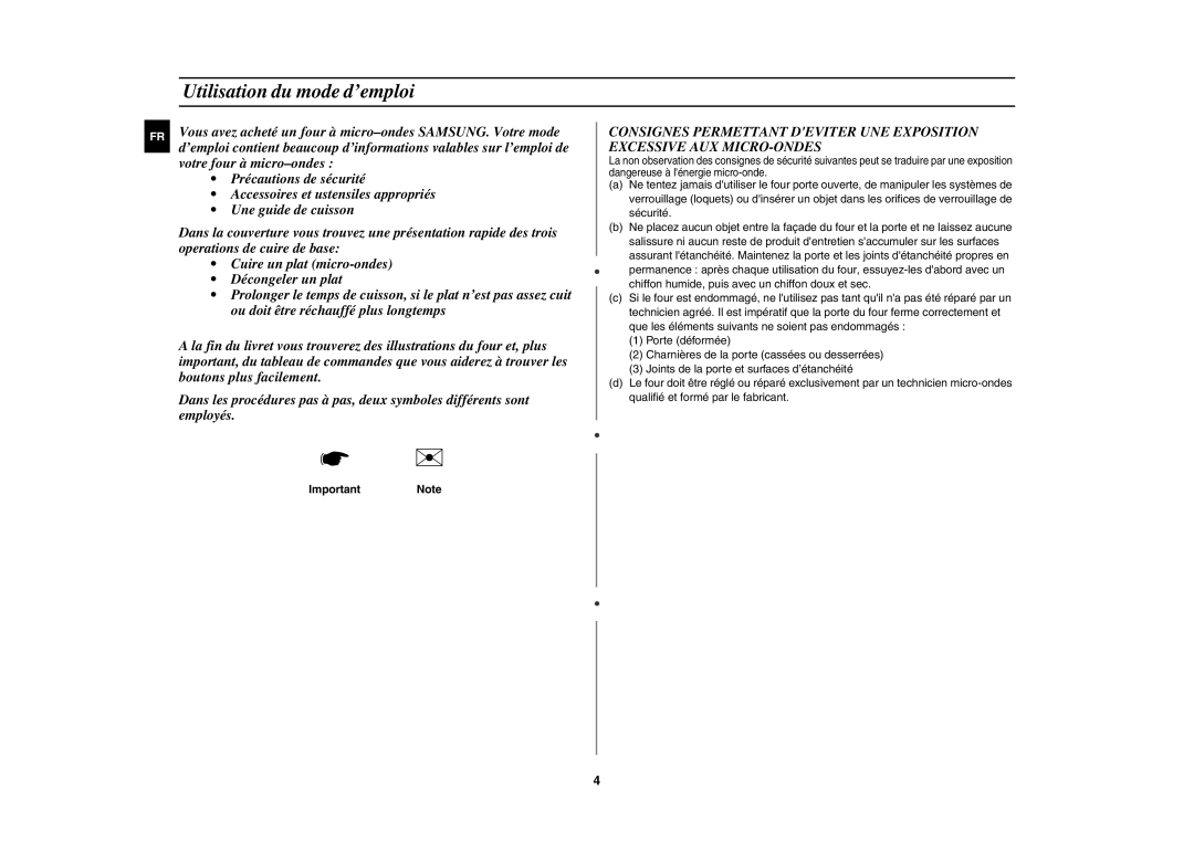 Samsung C100-5/XEF manual Utilisation du mode d’emploi, Important Note 