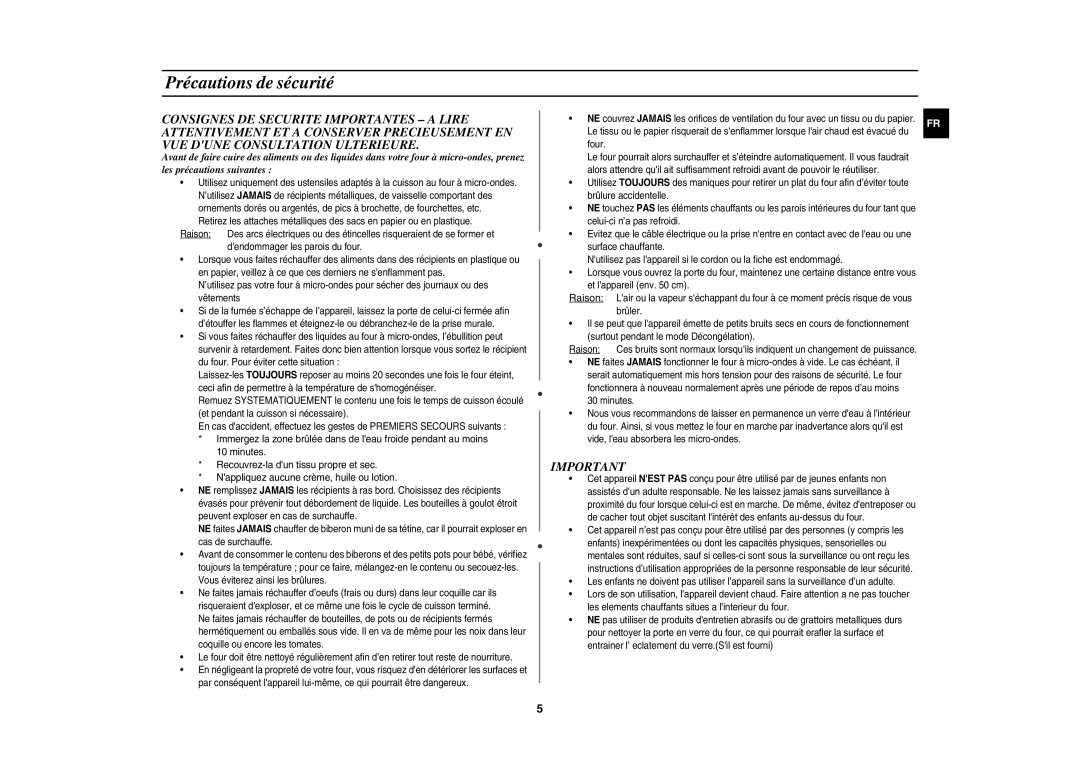 Samsung C100-5/XEF manual Précautions de sécurité, Dendommager les parois du four 