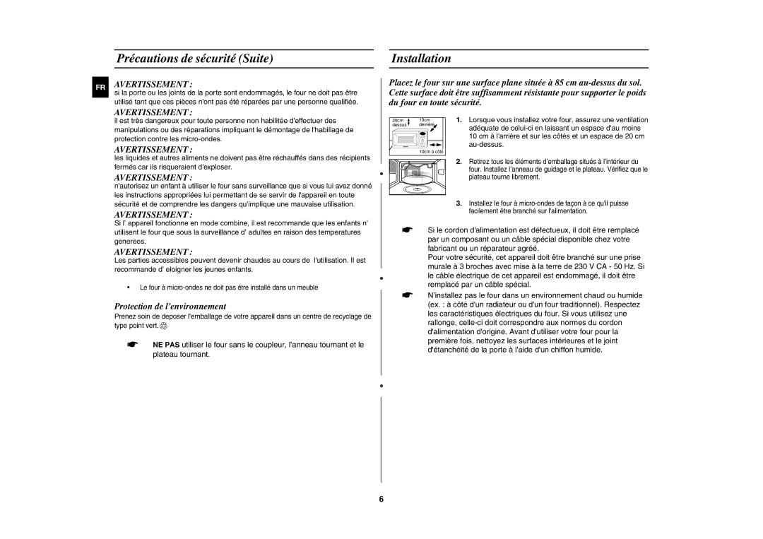 Samsung C100-5/XEF manual Précautions de sécurité Suite, Installation, FR Avertissement 