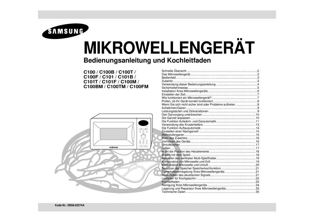 Samsung C100M-5SL/XEG, C100-5/XEG, C100-5SL/XEN, C100-5/XEN, C100/XEG manual Mikrowellengerät, Kode Nr. DE68-02274A 