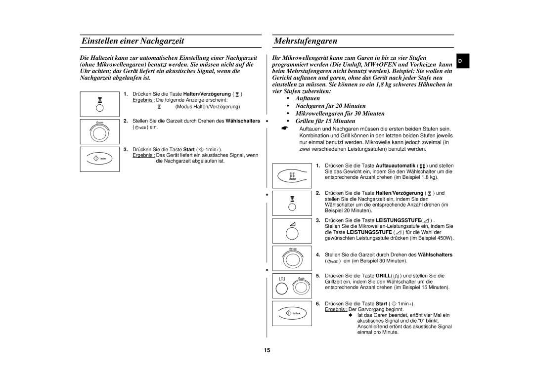 Samsung C100M-5SL/XEG, C100-5/XEG, C100-5SL/XEN, C100-5/XEN, C100/XEG manual Einstellen einer Nachgarzeit, Mehrstufengaren 