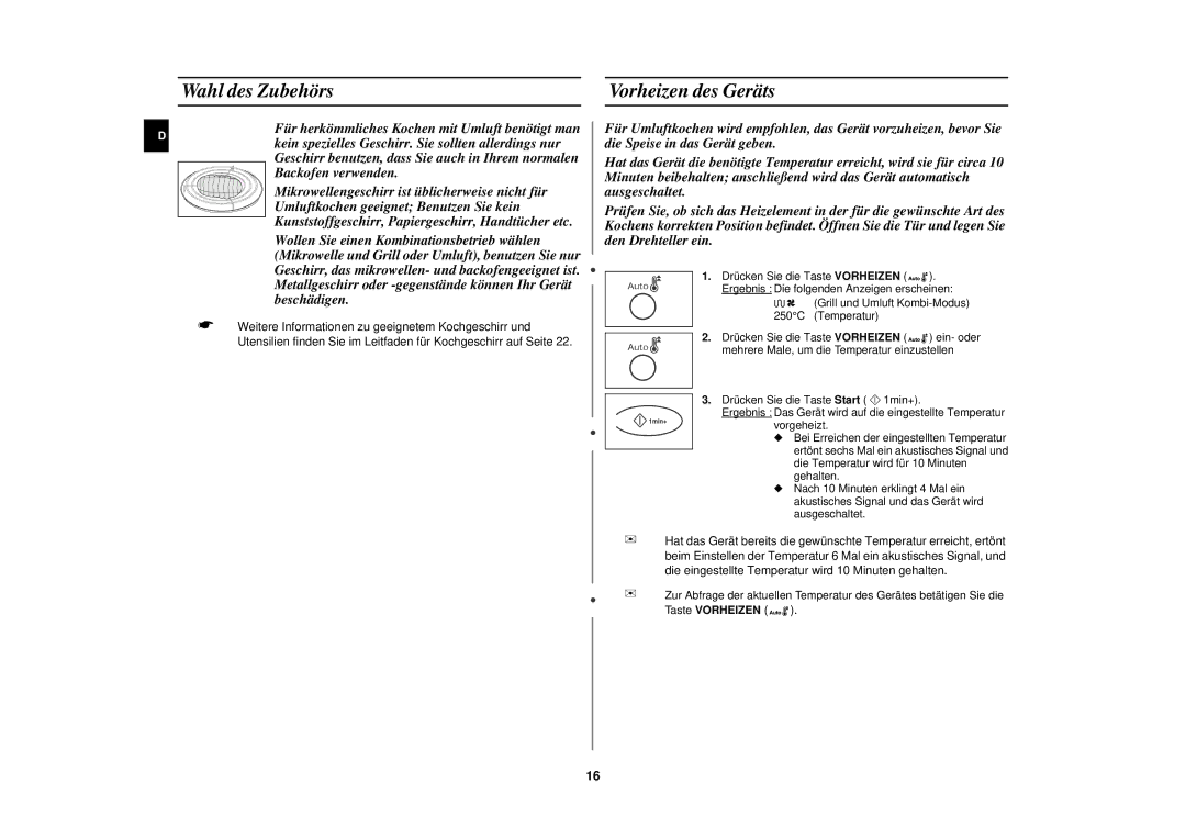 Samsung C100-5SL/XEN, C100-5/XEG, C100M-5SL/XEG, C100-5/XEN, C100/XEG, C100-SL/XEG manual Wahl des Zubehörs Vorheizen des Geräts 