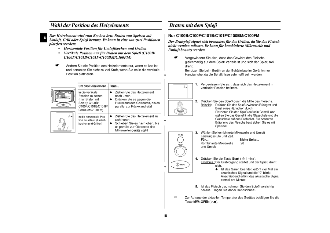 Samsung C100/XEG, C100-5/XEG, C100M-5SL/XEG manual Wahl der Position des Heizelements, Braten mit dem Spieß, Für Siehe Seite 