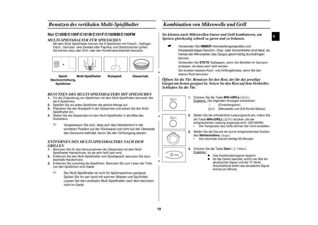 Samsung C100-SL/XEG, C100-5/XEG, C100-5/XEN Benutzen des vertikalen Multi-Spießhalter, Kombination von Mikrowelle und Grill 