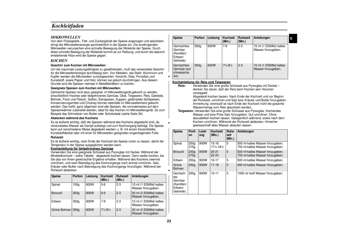 Samsung C100-5SL/XEN, C100-5/XEG, C100M-5SL/XEG Kochleitfaden, Mikrowellen, Kochen, Kochanleitung für tiefgefrorenes Gemüse 