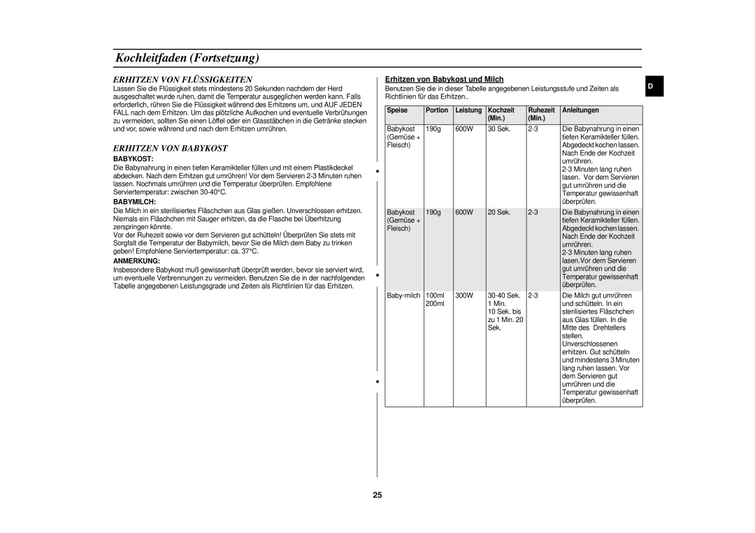 Samsung C100/XEG, C100-5/XEG, C100-5/XEN Erhitzen VON Flüssigkeiten, Erhitzen VON Babykost, Erhitzen von Babykost und Milch 