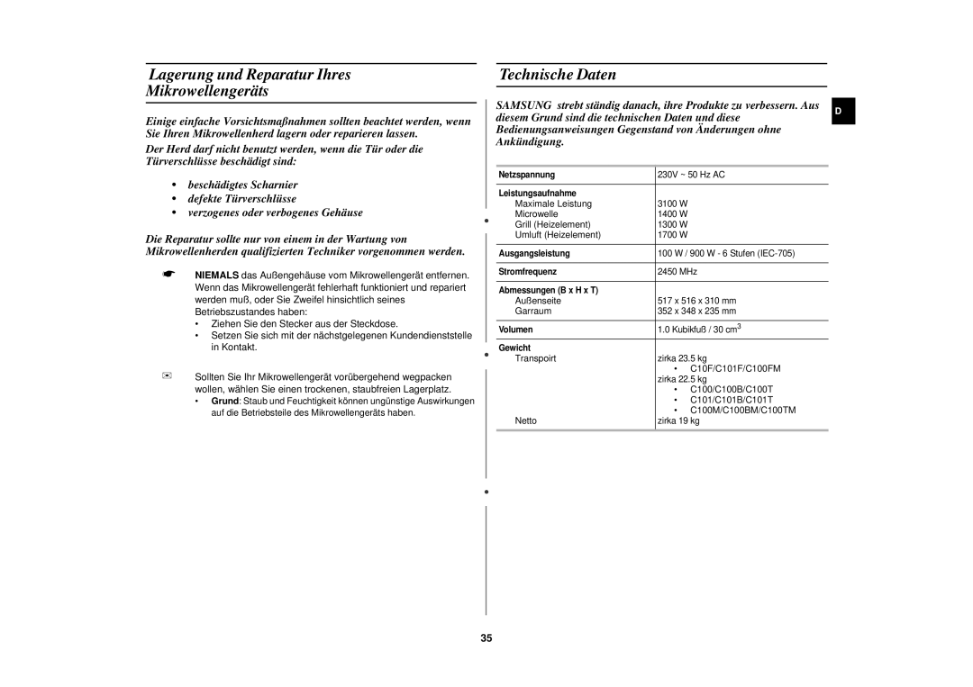 Samsung C100-5/XEG, C100M-5SL/XEG, C100-5SL/XEN, C100-5/XEN Lagerung und Reparatur Ihres Mikrowellengeräts, Technische Daten 