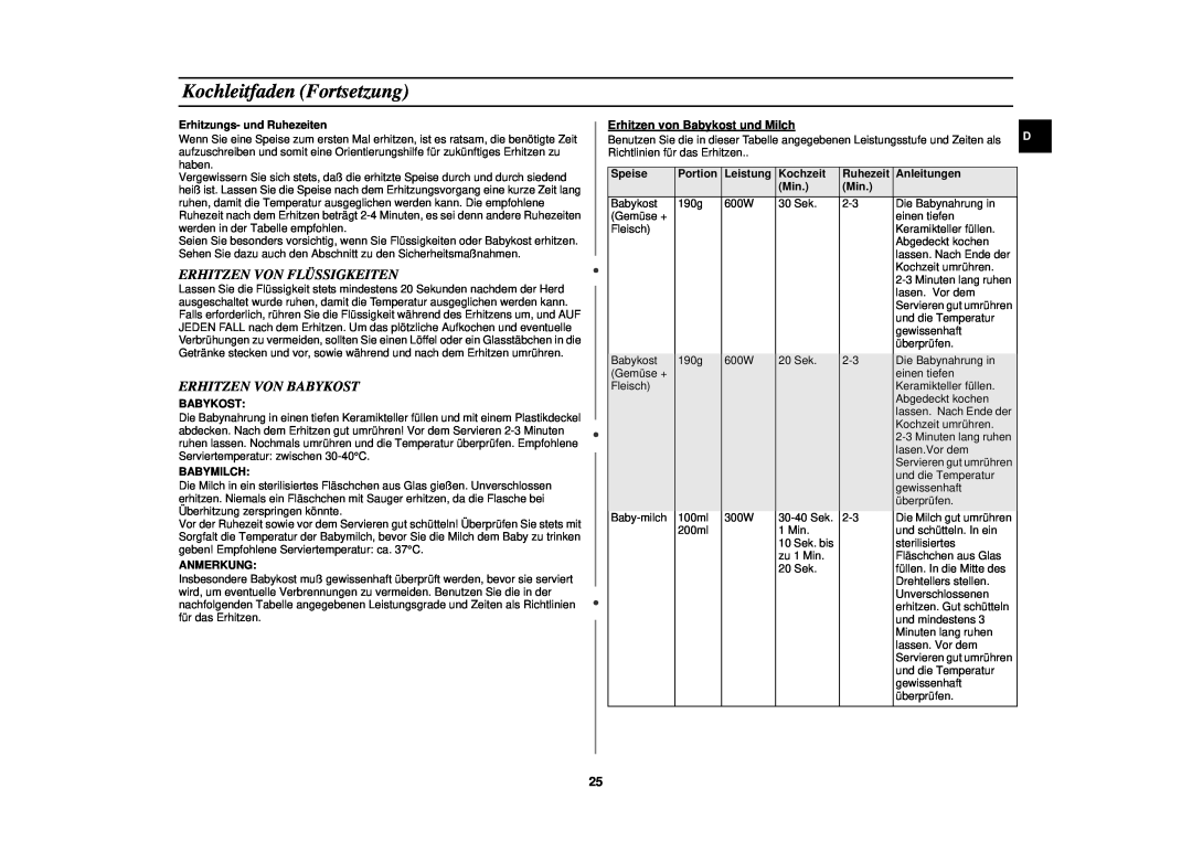 Samsung C100/XEG, C100-5/XEG, C100M-5SL/XEG Kochleitfaden Fortsetzung, Erhitzen Von Flüssigkeiten, Erhitzen Von Babykost 