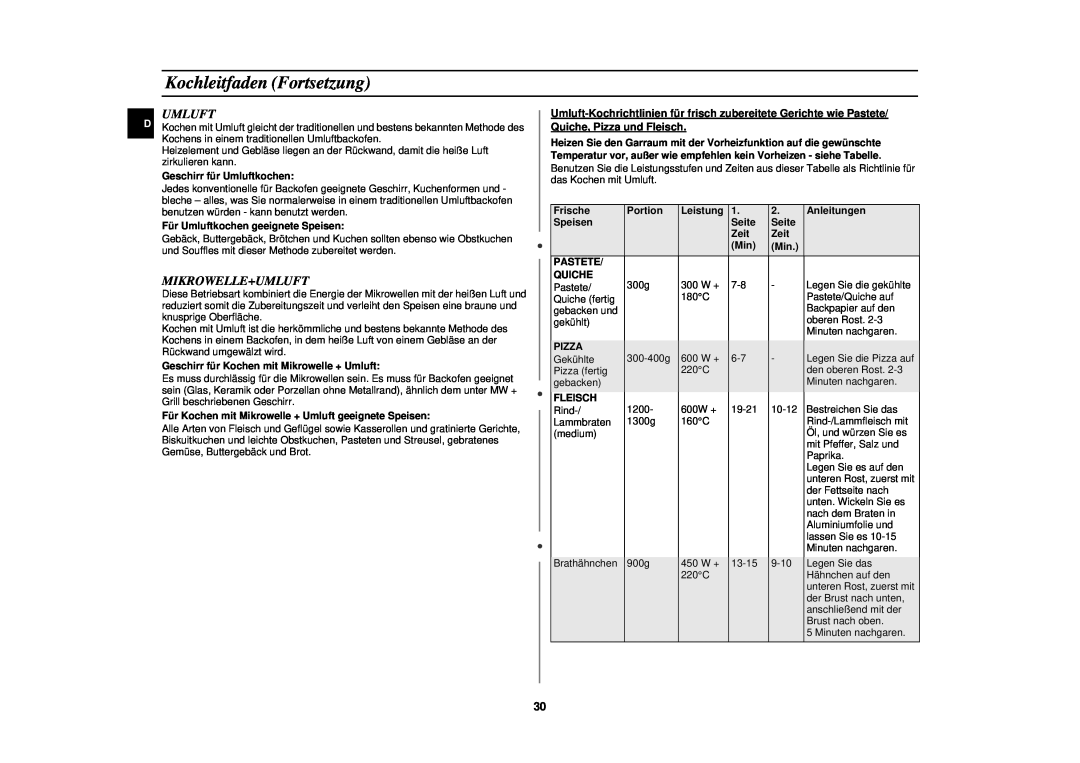 Samsung C100-5SL/XEN, C100-5/XEG, C100M-5SL/XEG, C100-5/XEN, C100/XEG manual Kochleitfaden Fortsetzung, Mikrowelle+Umluft 