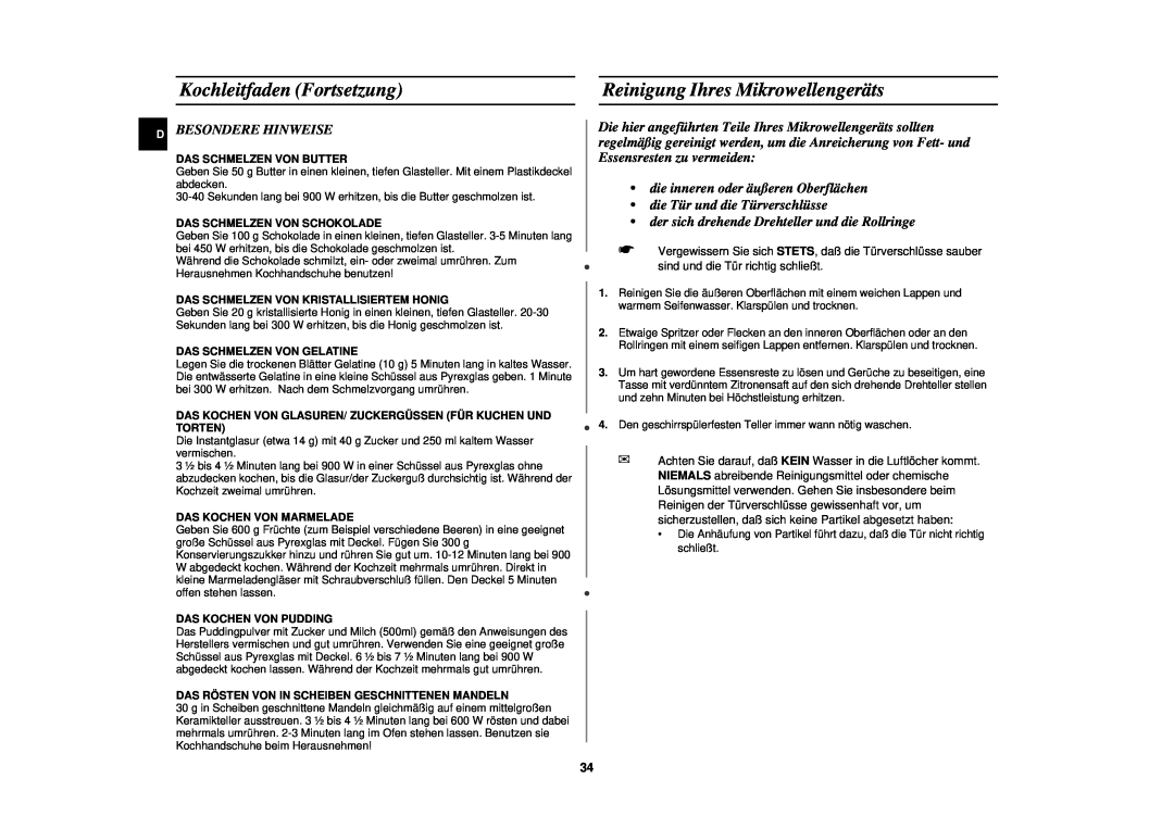 Samsung C100M-SL/XEG, C100-5/XEG manual Reinigung Ihres Mikrowellengeräts, Kochleitfaden Fortsetzung, D Besondere Hinweise 