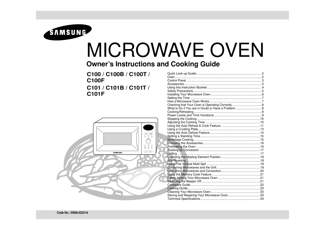 Samsung C101F, C100B, C101B, C101T, C100F, C100T technical specifications Microwave Oven 