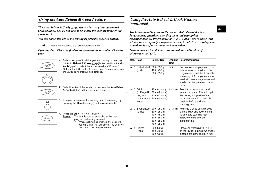 Samsung C101B, C101F, C100B, C101T, C100F, C100T technical specifications Using the Auto Reheat & Cook Feature 