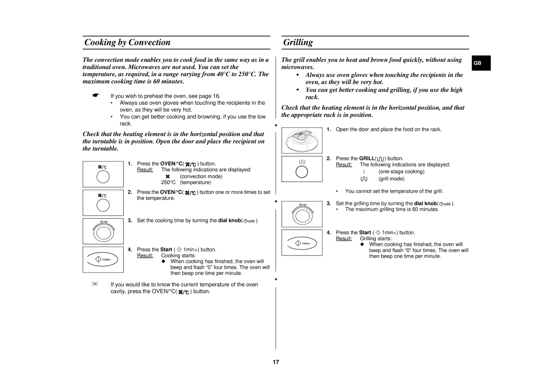 Samsung C101F, C100B, C101B, C101T, C100F, C100T technical specifications Cooking by Convection Grilling 