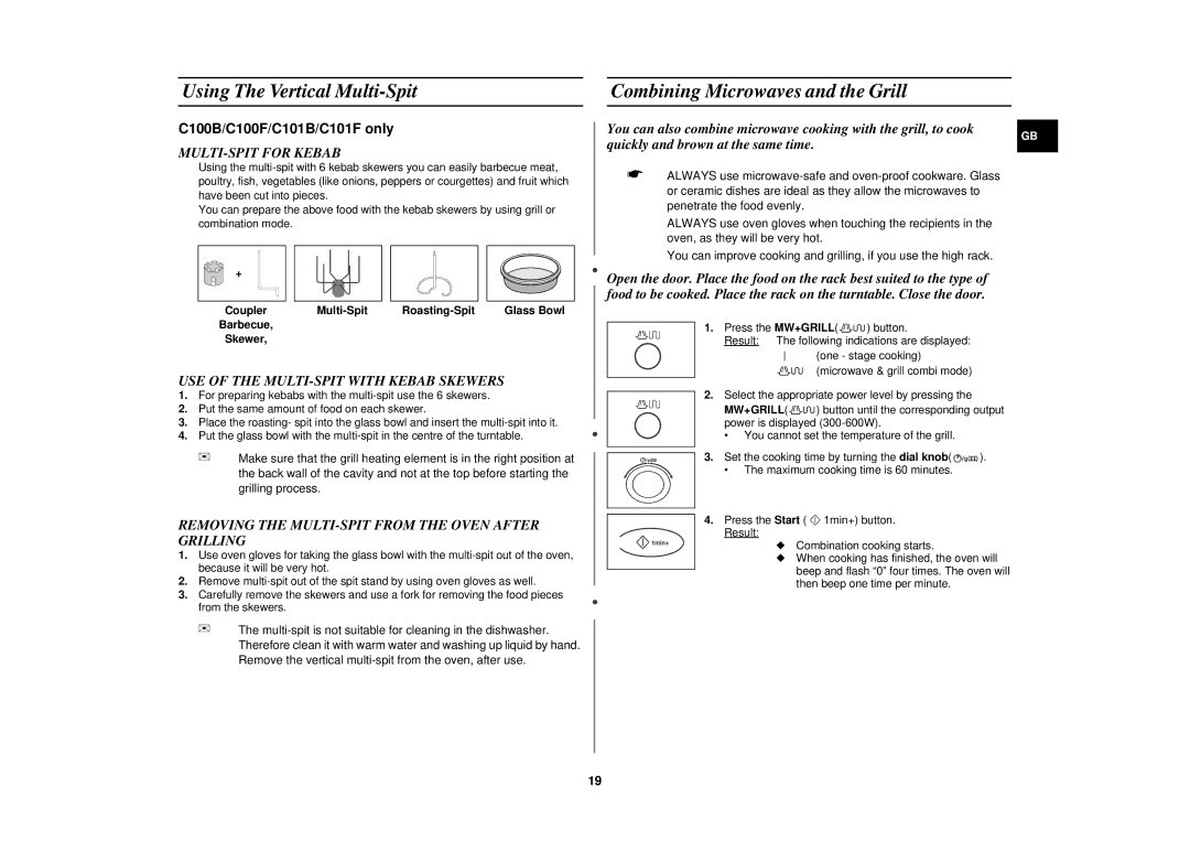Samsung C101B, C101F, C100B Using The Vertical Multi-Spit, Combining Microwaves and the Grill, MULTI-SPIT for Kebab 