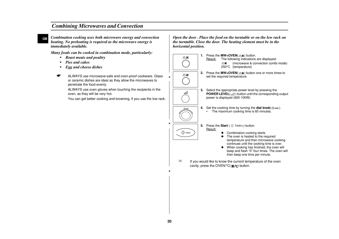 Samsung C101F, C100B, C101B, C101T, C100F, C100T technical specifications Combining Microwaves and Convection 