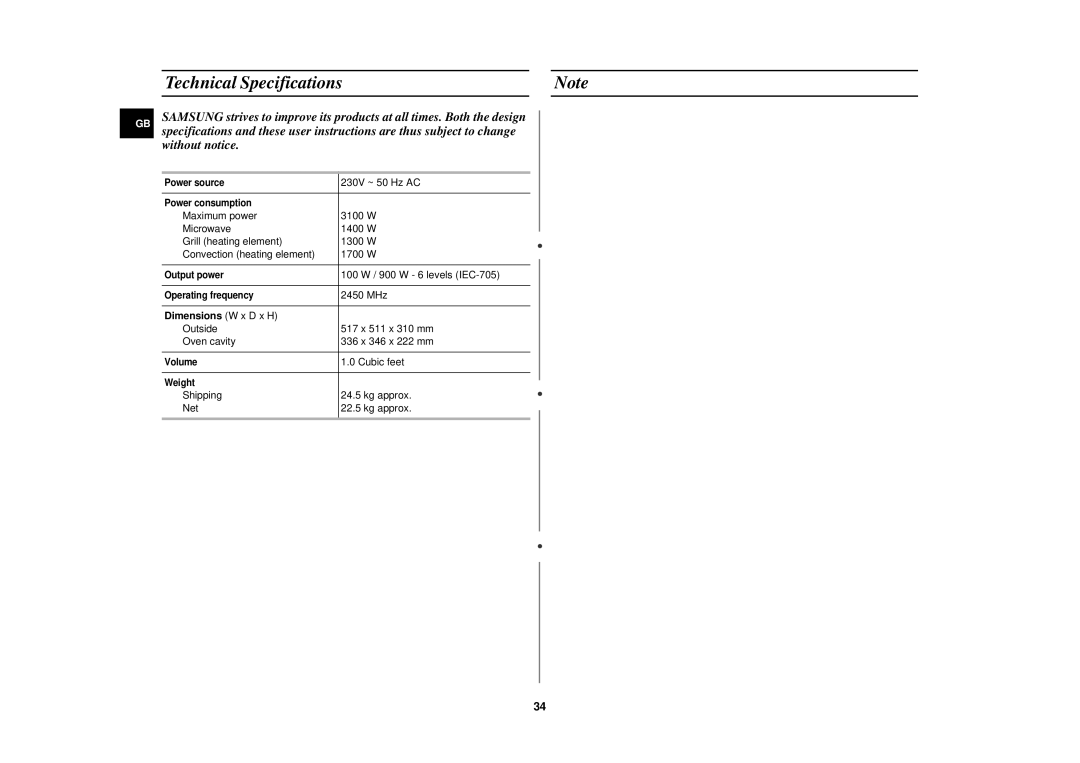 Samsung C100B, C101F, C101B, C101T, C100F, C100T technical specifications Technical Specifications, Dimensions W x D x H 